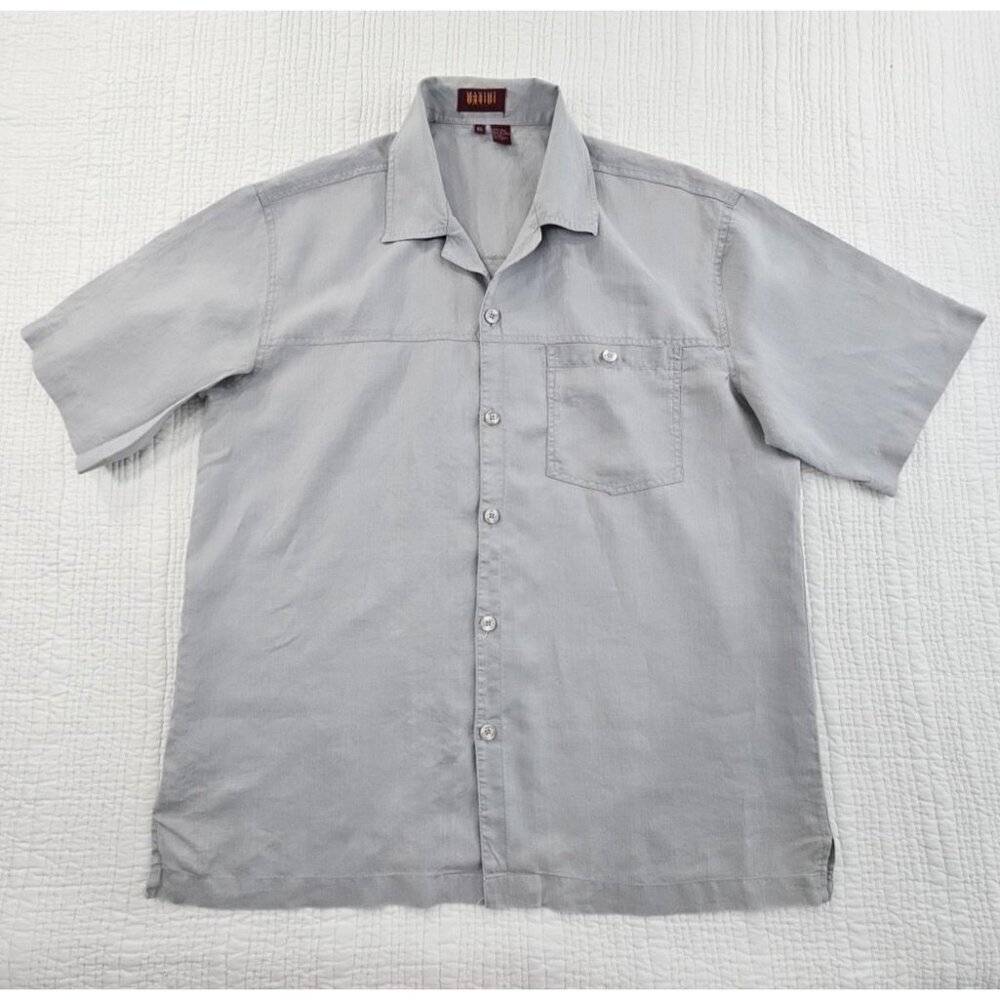 Maximi 100% Linen Shirt Men's‎ XL Grey Gray Short Sleeve Cubano EUC Bowling